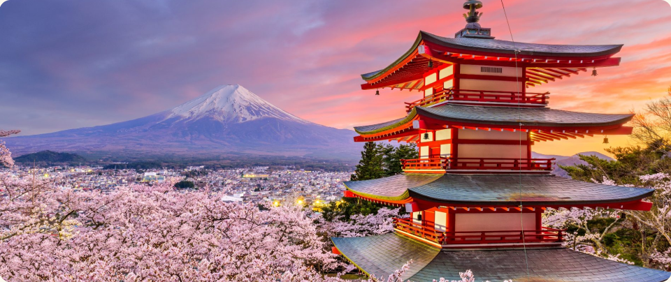 Mount Fuji and Chureito Pagoda at sunset in Japan