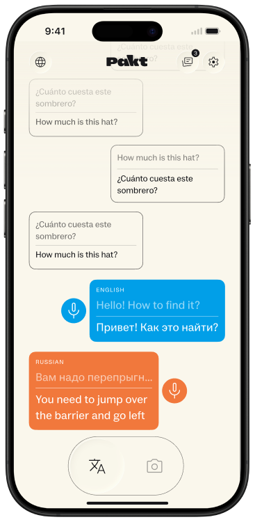 Pakt app showing translated conversation cards on a phone